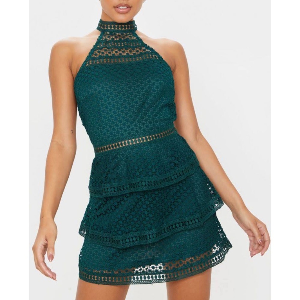 PrettyLittleThing Teal Crochet Halter Mini Dress